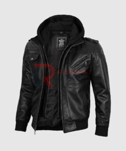 Men Black Leather Hooded Jackets