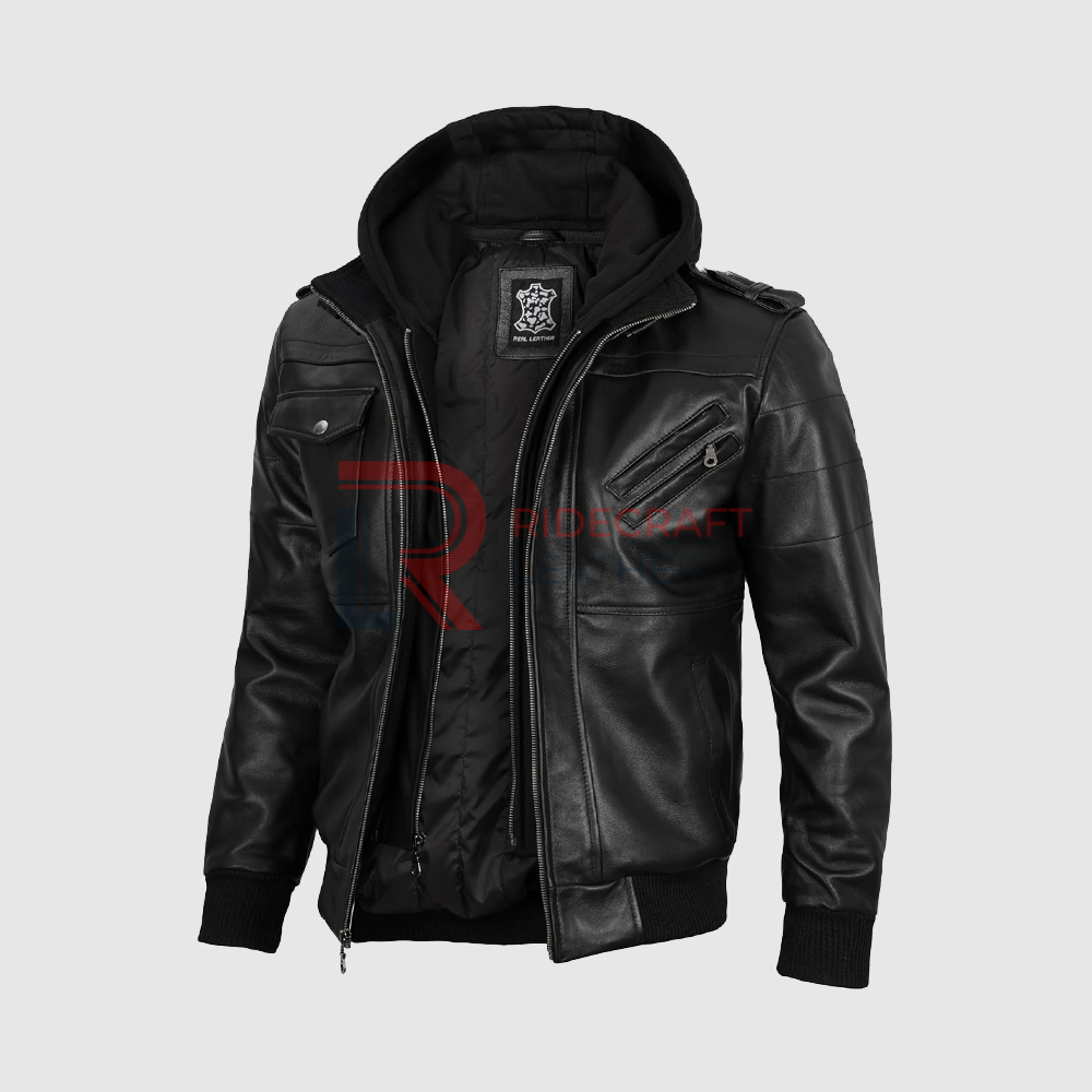 Men Black Leather Hooded Jackets