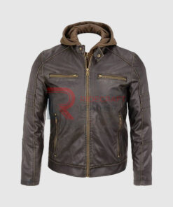 Men Brown Leather Hooded Jackets
