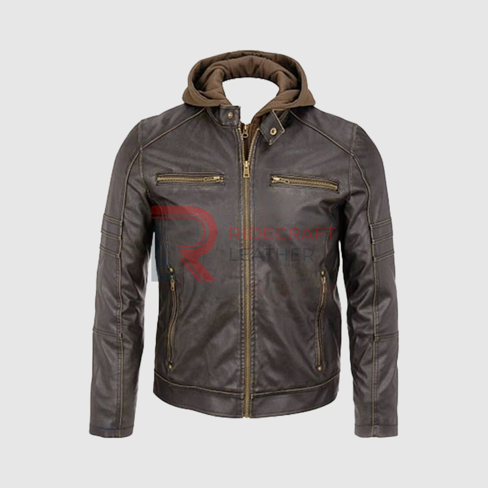 Men Brown Leather Hooded Jackets