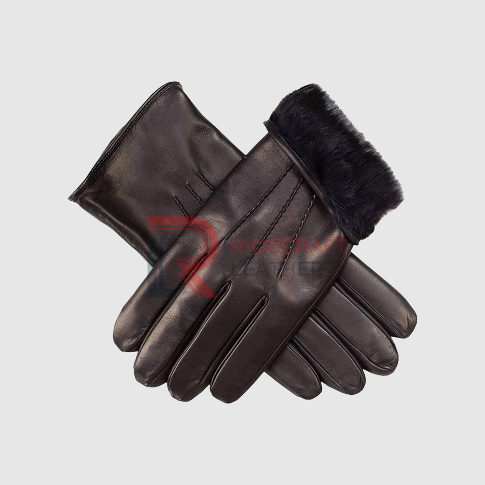 Mens Black Fur Leather Gloves