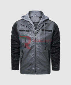 Men Grey Leather Hooded Jackets