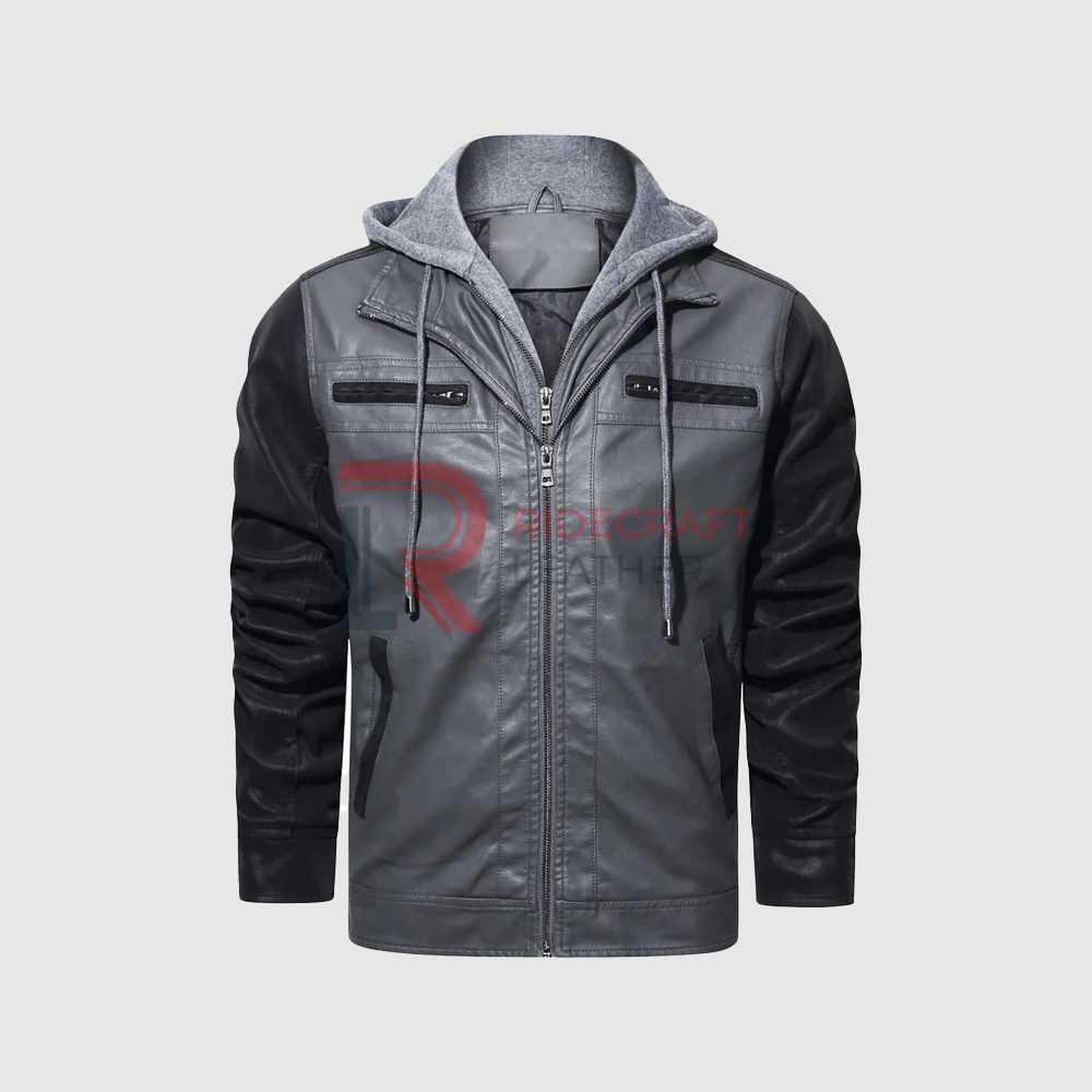 Men Grey Leather Hooded Jackets