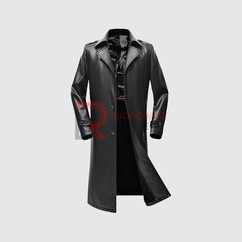 Mens Black Trench Leather Coat
