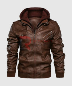 Men Brown Leather Hooded Jackets