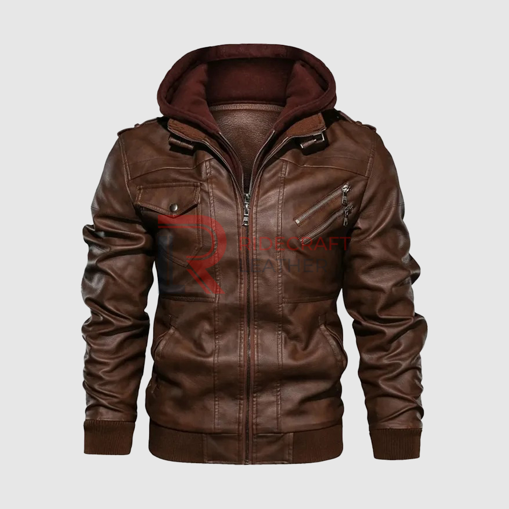 Men Brown Leather Hooded Jackets