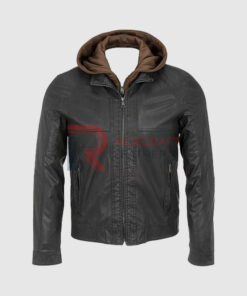 Men Grey Leather Hooded Jackets