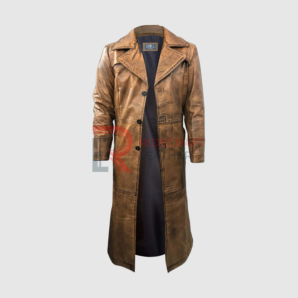 Mens Brown Structure Trench Leather Coat