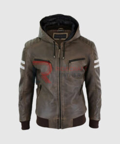 Men Brown Leather Hooded Jackets
