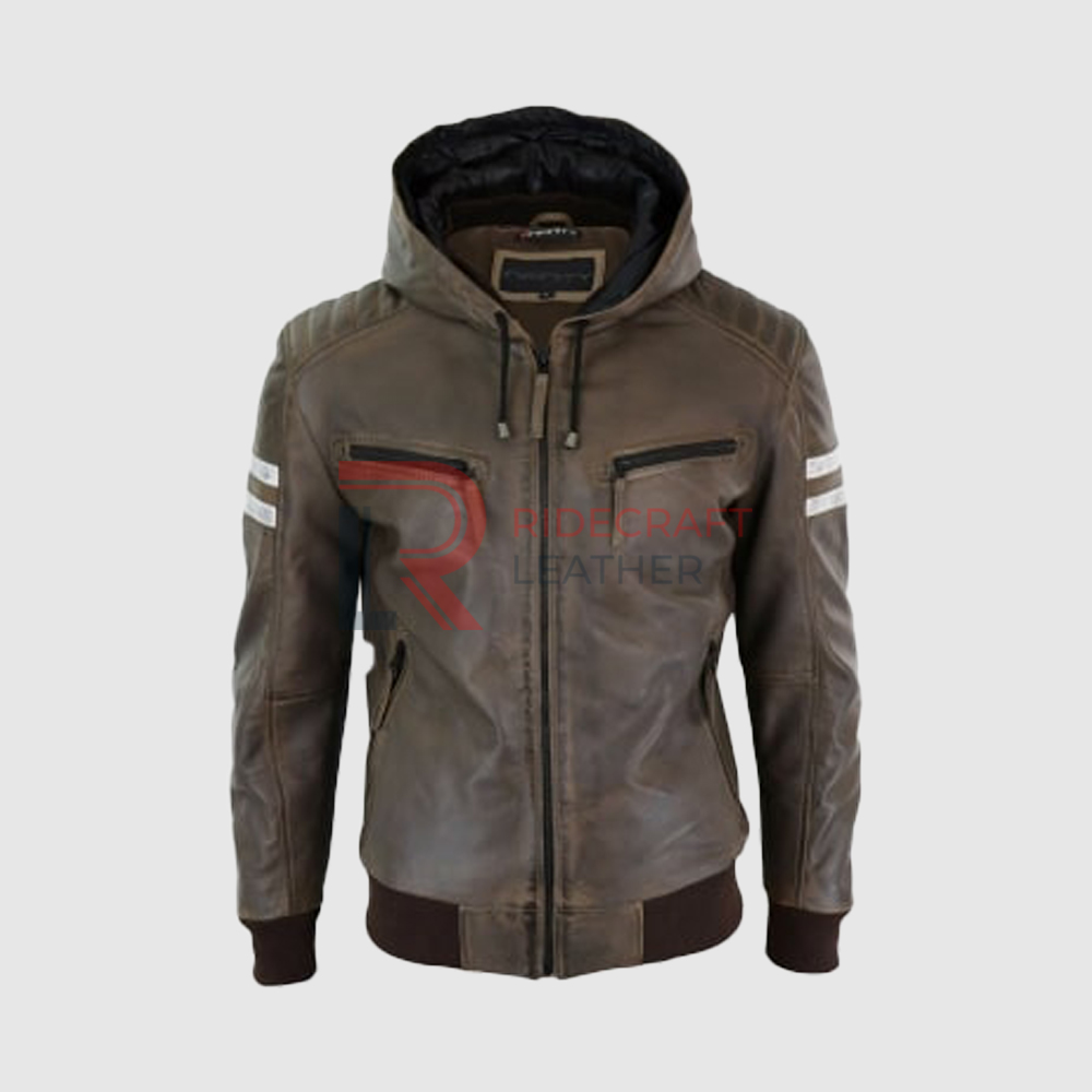 Men Brown Leather Hooded Jackets